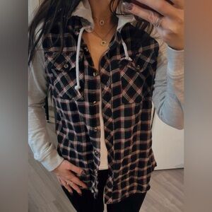Plaid Button Down Shirt with Hoodie